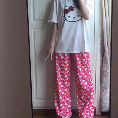 NUOVI pantaloni Kaiwaii Hello Kitty gambe larghe donna ragazza casual vita larga - Foto 1 di 6