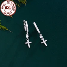Solid 925 Sterling Silver Cubic Zircon Women Round Cross Dangle Huggie Earrings