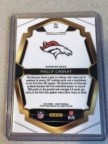 Phillip Lindsay Denver Broncos Panini Select Footbal 2018 PREMIER LEVEL ROOKIE - Picture 8 of 12