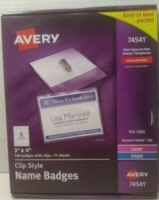 200 AVERY 74541 CLIP STYLE NAME BADGES WITH CLIPS 3" x 4" LASER INKJET