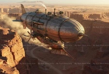STEAMPUNK AIRSHIP ART PRINT, Surreal Ship Poster, Desert Canyon Fantasy Decor