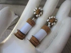 Vintage Miriam HASKELL Cork & White Glass & Lucite Bead Clip Dangle EARRINGS
