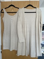 Beige Ribbed Lounge Set Cardigan & Vest Top Co-Ord UK 12/14 Cosy Loungewear