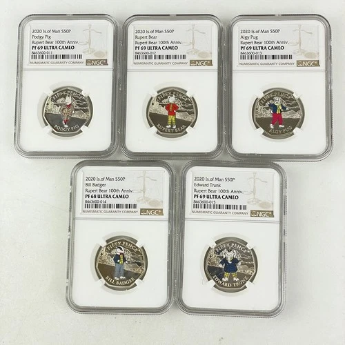 NGC Graded Proof Silver Isle Of Man Rupert Bear 50p Set PF68 - 69 Graded 2020