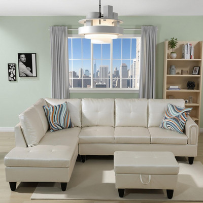 Pearl White L-Shaped Sectional Sofa with Chaise & Storage Ottoman, 3 Pieces