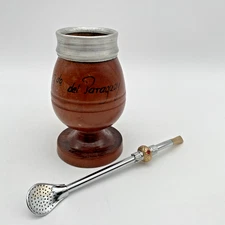 Vintage Yerba Mate Tea Footed Turned Wood Cup Silver Trim & Jewel Bombilla Straw