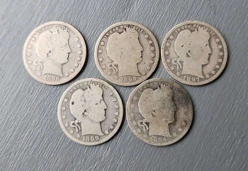 1800s Lot Of 5 Barber Quarters, Circulated With Wear