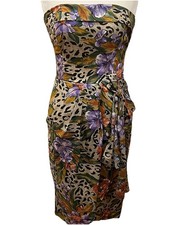 Vtg Robbie Bee Women’s Dress 8 Strapless Cotton Hawaiian Leopard Floral 80s USA