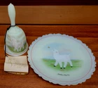 VINTAGE FENTON BURMESE URANIUM GLASS MOTHERS DAY 1985 PLATE & BELL SET LAMB GLOW