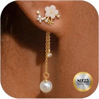 Blumen Ohrringe 925 Silber Gold 14K Vergoldet Lange HäNgend Perlen Damen Schmuck