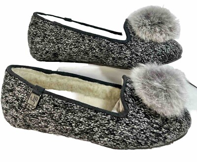 Bearpaw Slipper House Shoe US Marbled Knit Upper Rabbit Fur Pom Pom Logo  Tab
