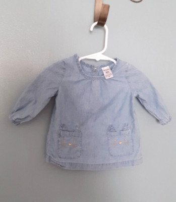 Carter's baby girls size 9M Top kitty cat pockets long sleeves blue jean snaps