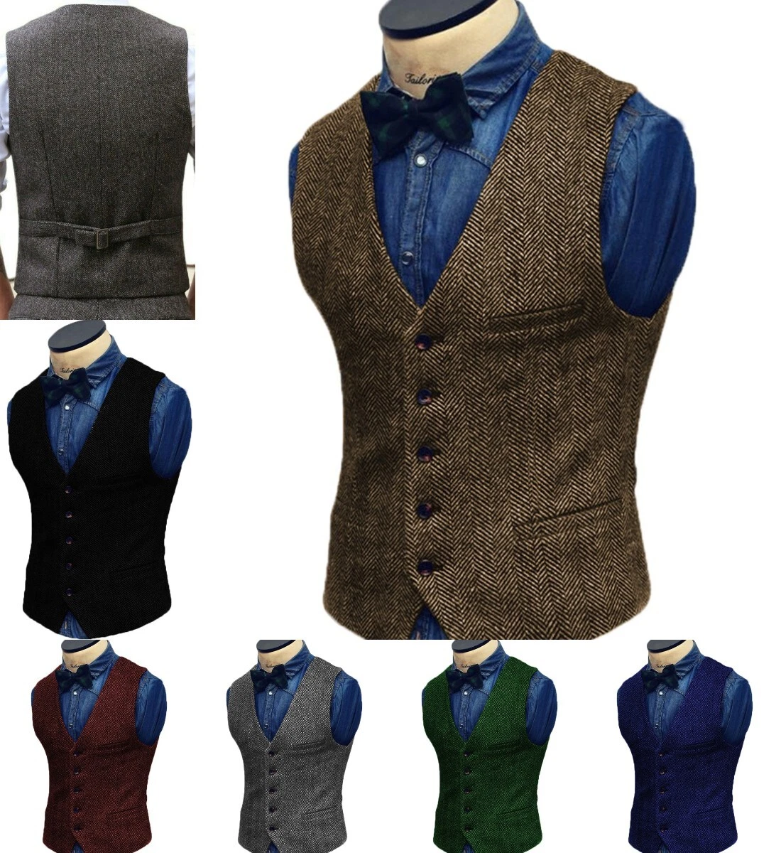 Casual Mens Suit Herringbone Vest Tweed Waistcoat Vintage Wedding Wool Groomsman