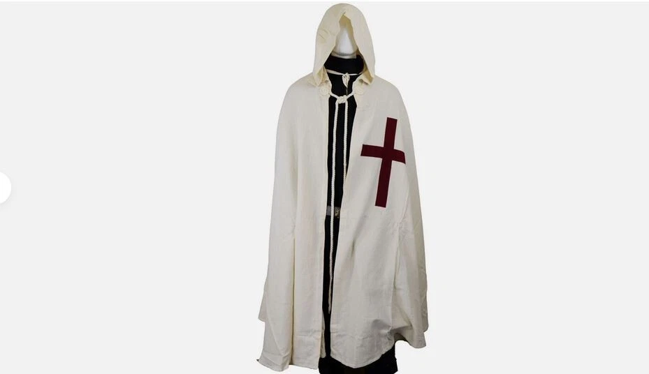 OFF WHITE Costume rinascimentale medievale crociato cavaliere templare tunica e mantello con cappuccio bianco sporco