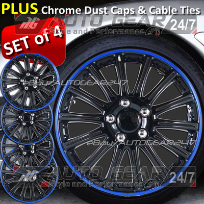 15'' SW Schwarz Blau Ring Auto Radkappen Radzierblenden + Gratis Kabelbinder & Staubkappen