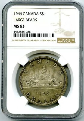 1966 $1 CANADA SILVER DOLLAR NGC MS63 LARGE BEADS VOYAGEUR