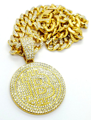 BITCOIN BLING NECKLACE Gold Gem Hip Hop Pendant & 20