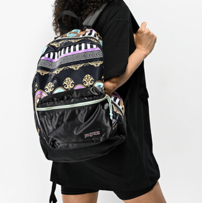black jansport backpack with gold zipper SuperBreak Plus it has a 2/3 padded back panel and a web haul handle NWT JANSPORT Super FX Livin