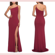 NWT $228 La Femme [ 2 ] One Shoulder Jersey Gown in Burgundy Red #G1054