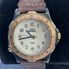 Vtg Timex Watch Men 38mm Indiglo Gold Tone Compass Bezel Leather New Battery