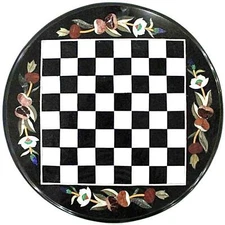 24'' Black Marble Chess Table Top Pietra Dura Inlay Malachite Children Game c20