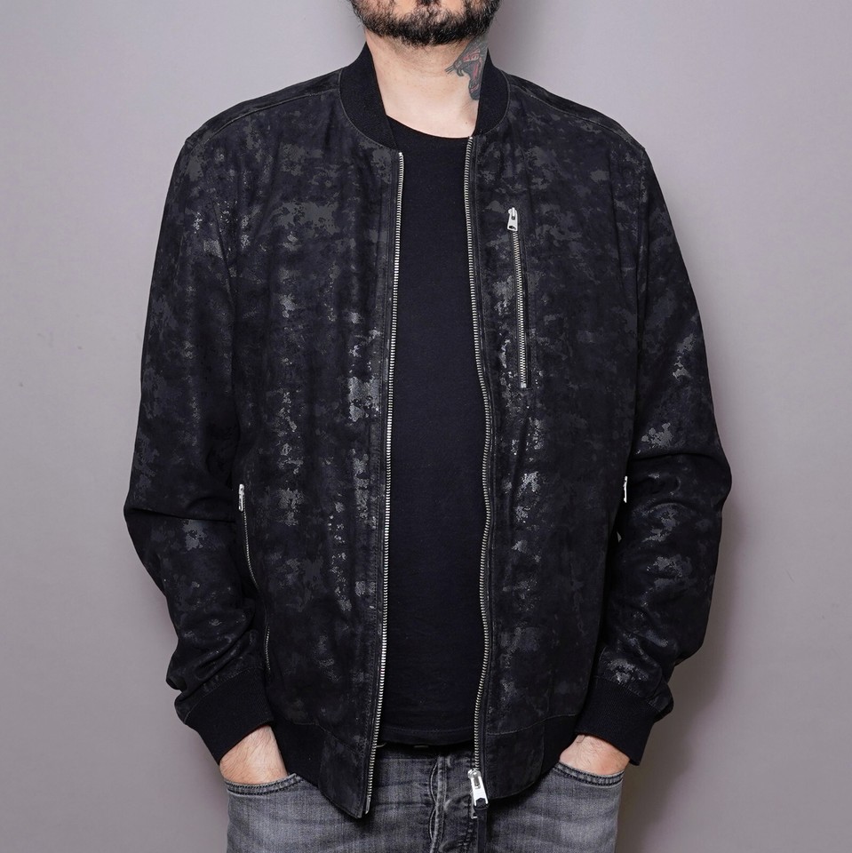 All Saints Leather Jacket XXL Black Suede Mens Kirk Bomber Camo Moto