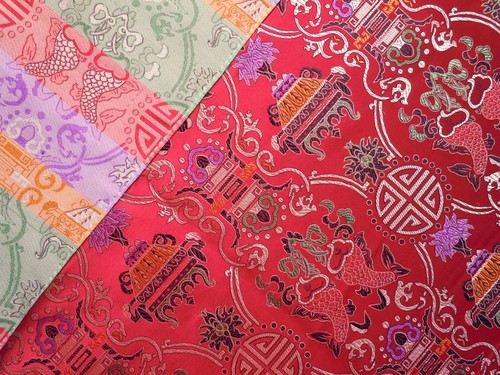 Faux Silk Brocade (Lucky Twin Fish) Jacquard Damask Kimono Fabric Material BL11 - Picture 19 of 29