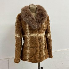 Chaqueta de piel de conejo y zorro marrón coñac a rayas cruzadas vintage
