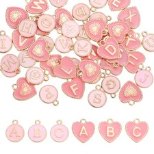52 Pcs Letter Initial Charm A-Z Heart  Round Letter Charm Pink 