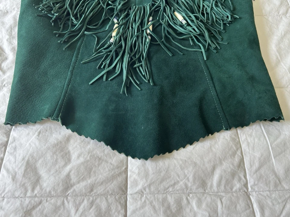 VTG 60-90’s women's Green leather beaded western boho fringe halter top Corset M - Image 3 of 4