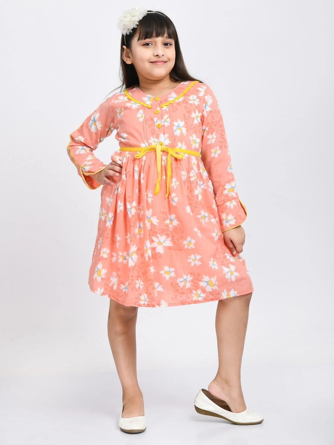 Bella Moda Girls Peach & White Cotton Floral Dress Long Sleeve A Line