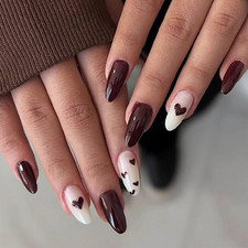 24PCS Red Stick on Nails, Press on Nails Almond with Glue, Long Lasting Winter A