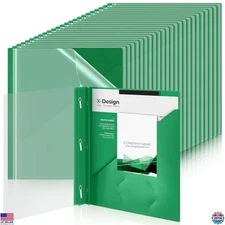 Teling 48-Pack Clear Front Report Covers, 3 Prong Fasteners, Green, 90 Sheets