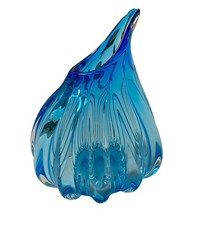 Blue Hand Blown Art Glass Vase Twisted Rib Mid Century Modern Murano Style