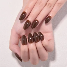 evpct Dark Brown Glossy Press on Nails Short Almond, Glossy Fake Nail Glue o...
