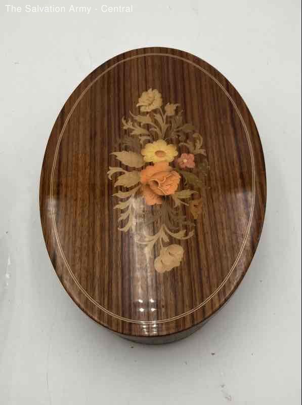 Brown Floral Oval Musical Movement Music Wooden Jewelry Box w/Mirror Lid
