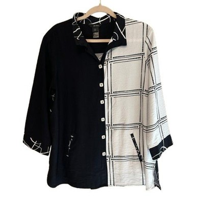 Ali Miles Button Up Tunic Top Jacket Womens Large Black White Abstract Geometric