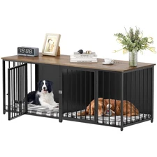 80.2 inch Double Dog Crate Furniture Large Breed Dog Kennel w/ Divider Black