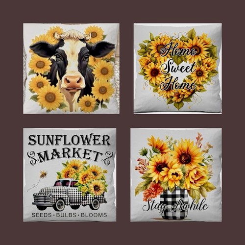 New Indoor/Outdoor 18x18, Throw Pillows, Set Of 4, Country Sunflowers