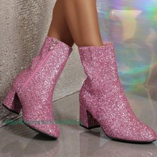 Womens Sequin Round Toe Glitter Ankle Riding Boots Low Block Heels Zip Shoes