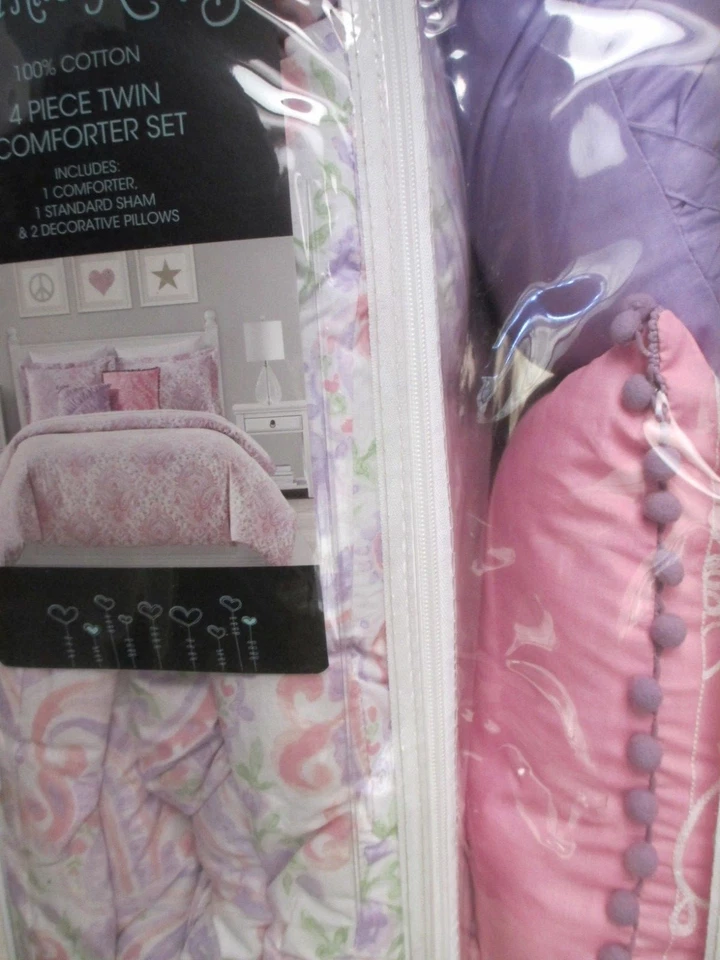 CYNTHIA ROWLEY 儿童 4 件套粉色紫色佩斯利花卉被子套装 - 双 — 第 3/4 张图片