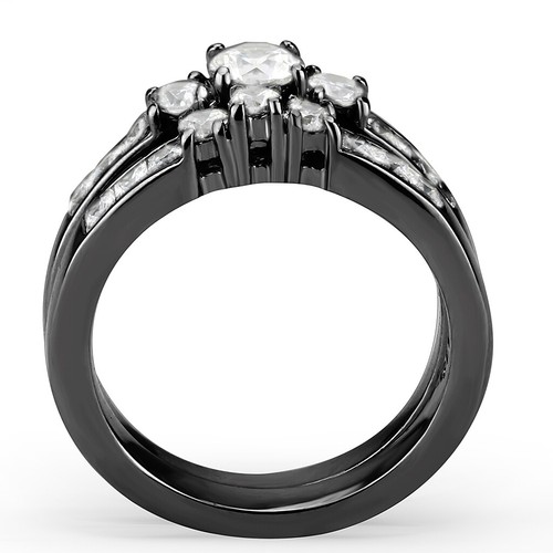 Womens Three-Stone Type Round CZ Black Stainless Steel Twins Wedding Ring Set - Picture 5 of 6