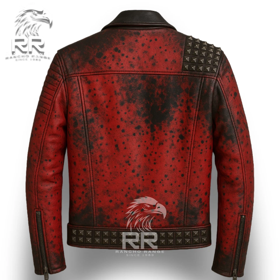 Men's Handmade & Hand Painted Punk Spiked Studded Patches Style Leather Jacket - Image 2 of 3