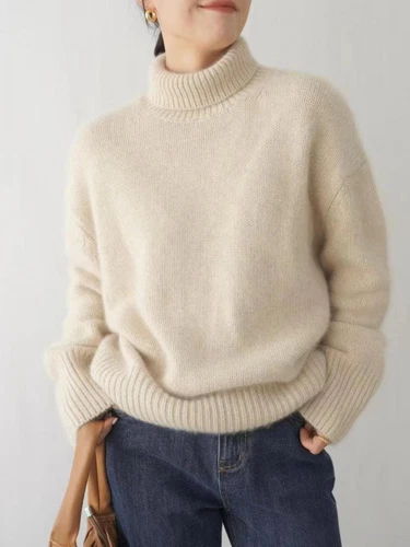 Suéter Suelto Cálido Tejido Otoño Grueso Mezcla Cachemira para Mujer Cuello Alto - Imagen 7 de 26
