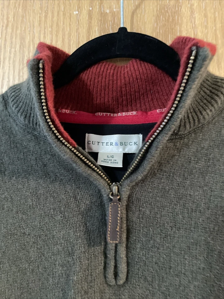 Vintage CUTTER & BUCK Size Large Mens 1/2 Zip Lambs Wool Sweater Green Lined - Image 2 of 4