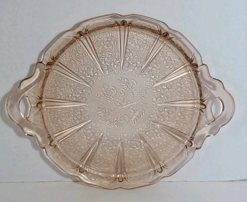 Vintage Jeanette Pink Depression Glass Cake Platter Tray Handled Cherry Blossom