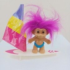 Vintage Russ Troll Doll Neon Pink Hair Surfboard Sail Board Beach 3 in Figure