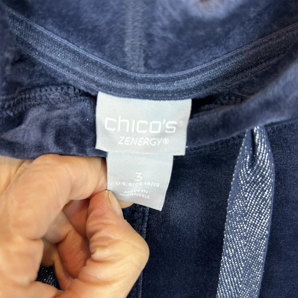 Chicos Zenergy Sweatshirt Womens XL Navy Blue Velour Hoodie 3 Tunic Soft Casual - Image 3 of 4