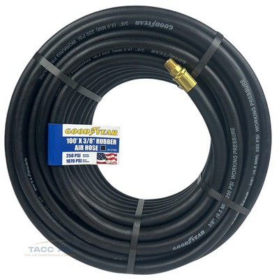 Goodyear 100' x 3/8'' Rubber Air Hose 250 PSI USA Made 1/4'' NPT Compressor Hose