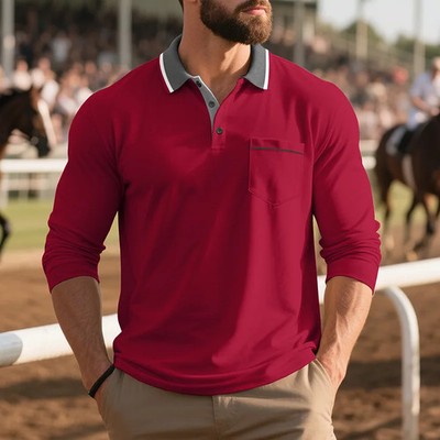 2025 spring autumn New Men's pure color casual Pocket Turn-Down Collar splicing 